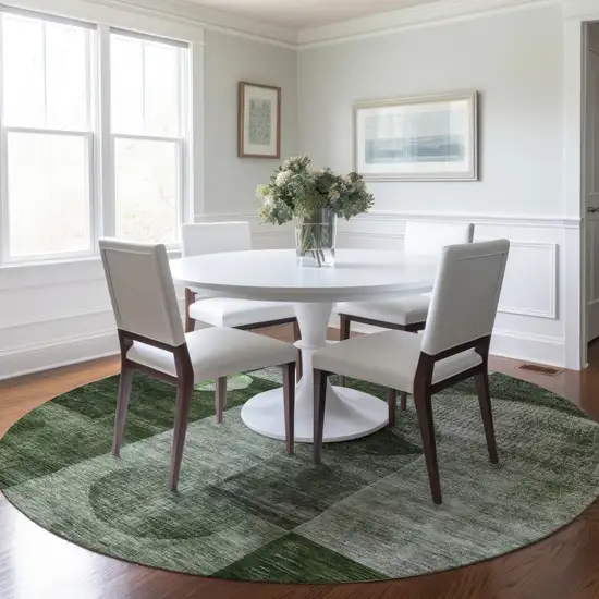 8' Fern Green And Gray Round Geometric Washable Indoor Outdoor Area Rug Photo 8