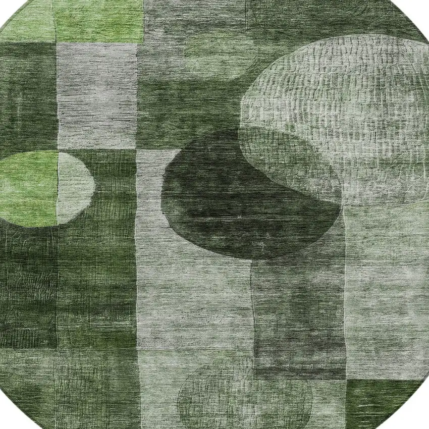 8' Fern Green And Gray Round Geometric Washable Indoor Outdoor Area Rug Photo 5