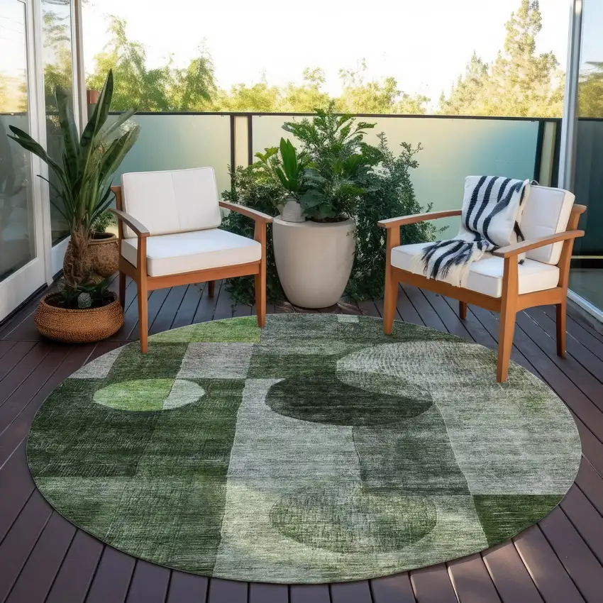 8' Fern Green And Gray Round Geometric Washable Indoor Outdoor Area Rug Photo 7