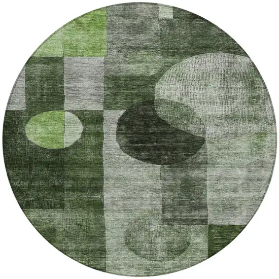 8' Fern Green And Gray Round Geometric Washable Indoor Outdoor Area Rug Photo 6
