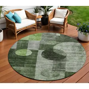 Photo of 8' Fern Green And Gray Round Geometric Washable Indoor Outdoor Area Rug