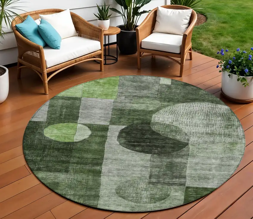 8' Fern Green And Gray Round Geometric Washable Indoor Outdoor Area Rug Photo 1