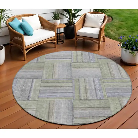 8' Fern Green And Gray Round Geometric Washable Indoor Outdoor Area Rug Photo 1