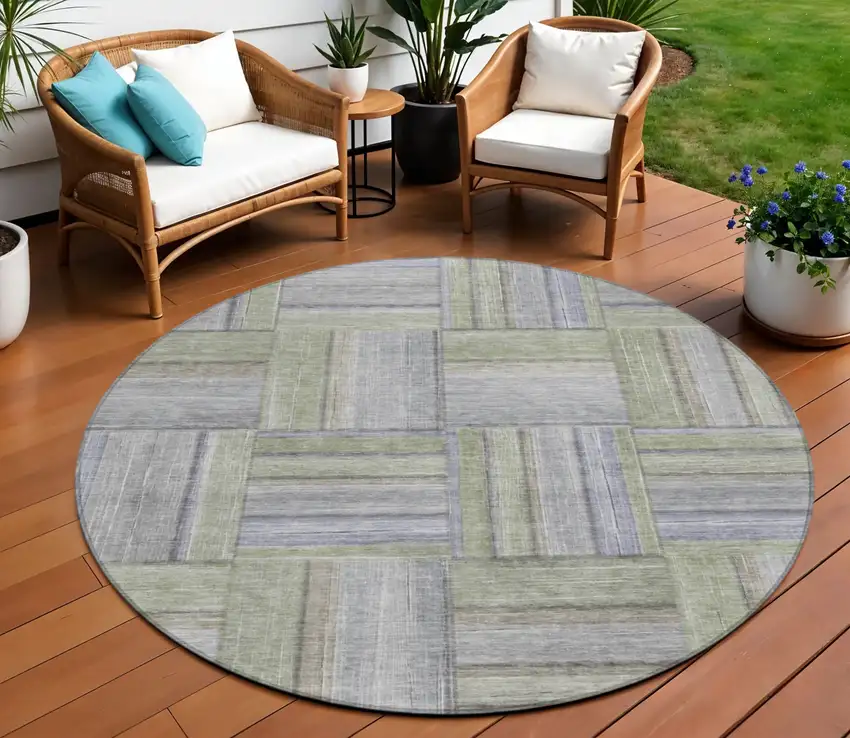8' Fern Green And Gray Round Geometric Washable Indoor Outdoor Area Rug Photo 1