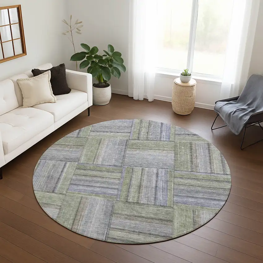 8' Fern Green And Gray Round Geometric Washable Indoor Outdoor Area Rug Photo 9