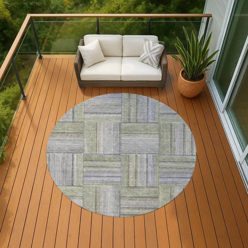 8' Fern Green And Gray Round Geometric Washable Indoor Outdoor Area Rug Photo 8
