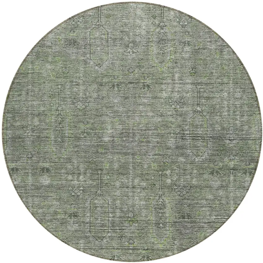 8' Fern Green And Gray Round Southwestern Washable Indoor Outdoor Area Rug Photo 2