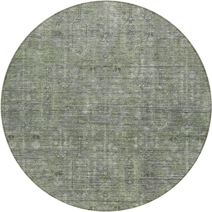 8' Fern Green And Gray Round Southwestern Washable Indoor Outdoor Area Rug Photo 2