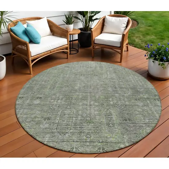 8' Fern Green And Gray Round Southwestern Washable Indoor Outdoor Area Rug Photo 1