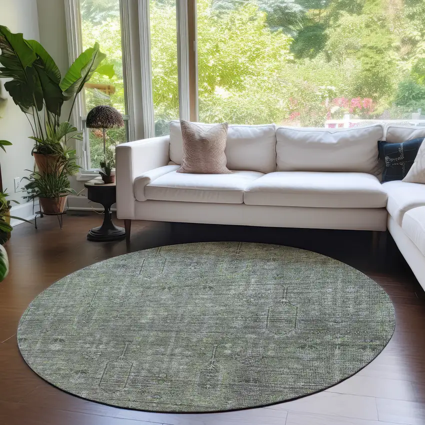 8' Fern Green And Gray Round Southwestern Washable Indoor Outdoor Area Rug Photo 7