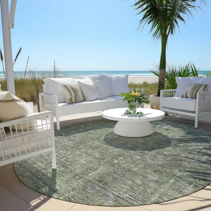 8' Fern Green And Gray Round Southwestern Washable Indoor Outdoor Area Rug Photo 6