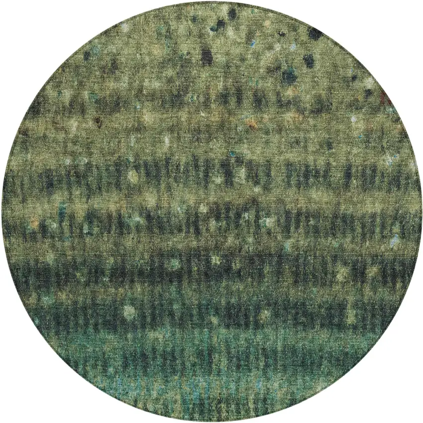 8' Fern Green And Gray Round Striped Washable Indoor Outdoor Area Rug Photo 2