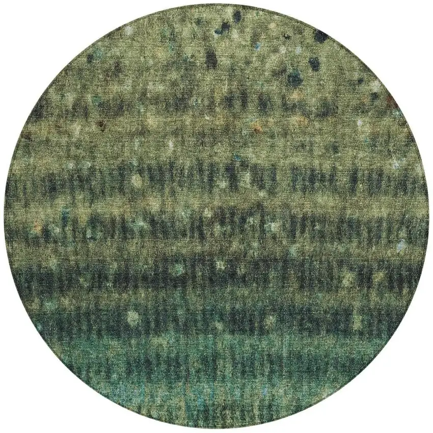 8' Fern Green And Gray Round Striped Washable Indoor Outdoor Area Rug Photo 4