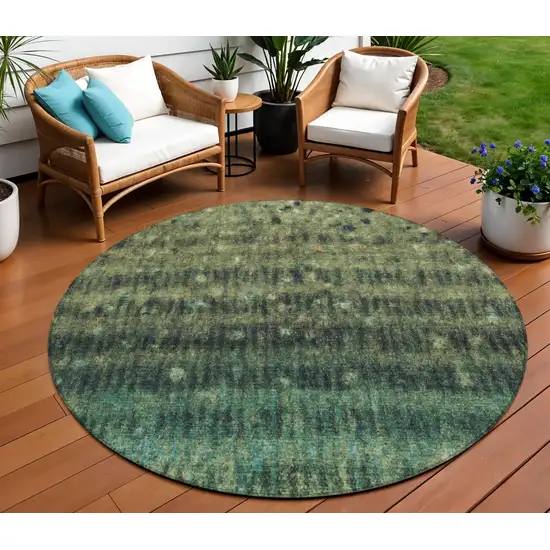 8' Fern Green And Gray Round Striped Washable Indoor Outdoor Area Rug Photo 1