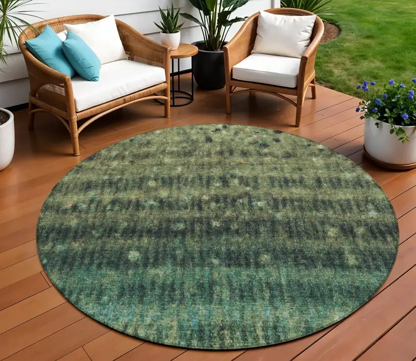 8' Fern Green And Gray Round Striped Washable Indoor Outdoor Area Rug Photo 1