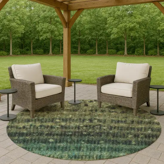 8' Fern Green And Gray Round Striped Washable Indoor Outdoor Area Rug Photo 8