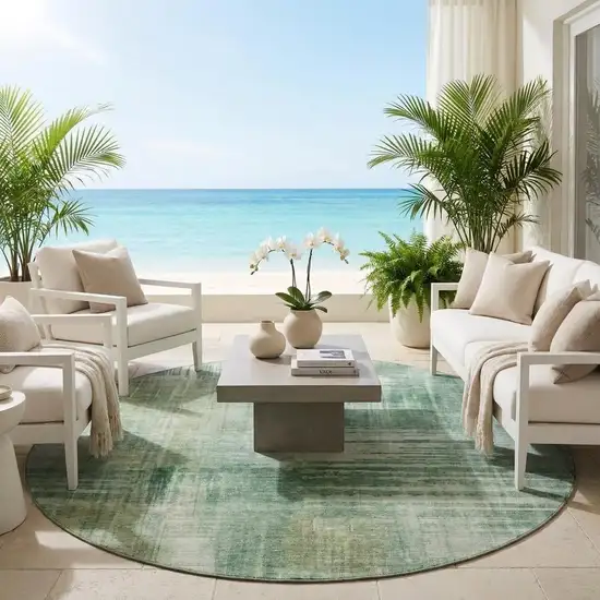 8' Fern Green And Green Round Abstract Washable Indoor Outdoor Area Rug Photo 1
