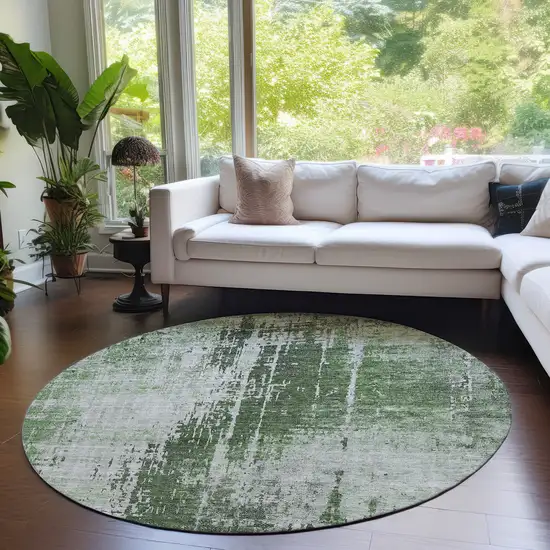 8' Fern Green And Green Round Abstract Washable Indoor Outdoor Area Rug Photo 7