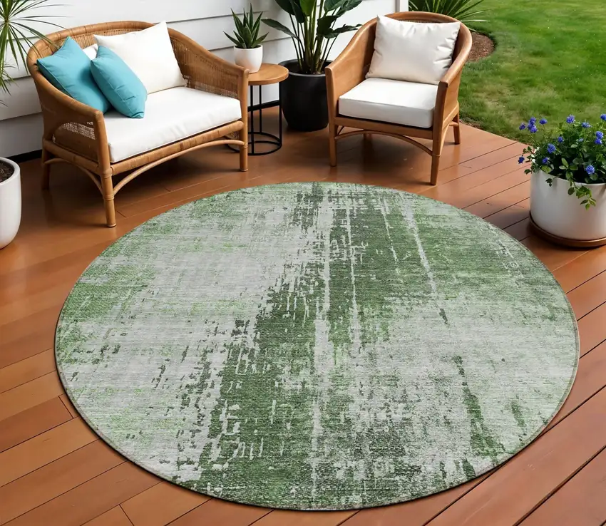 8' Fern Green And Green Round Abstract Washable Indoor Outdoor Area Rug Photo 1