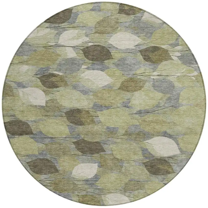 8' Fern Green And Green Round Floral Washable Indoor Outdoor Area Rug Photo 3