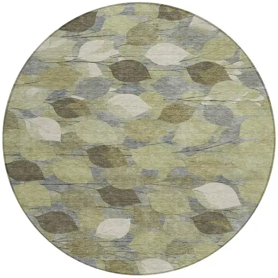 8' Fern Green And Green Round Floral Washable Indoor Outdoor Area Rug Photo 3