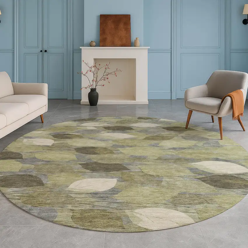 8' Fern Green And Green Round Floral Washable Indoor Outdoor Area Rug Photo 5