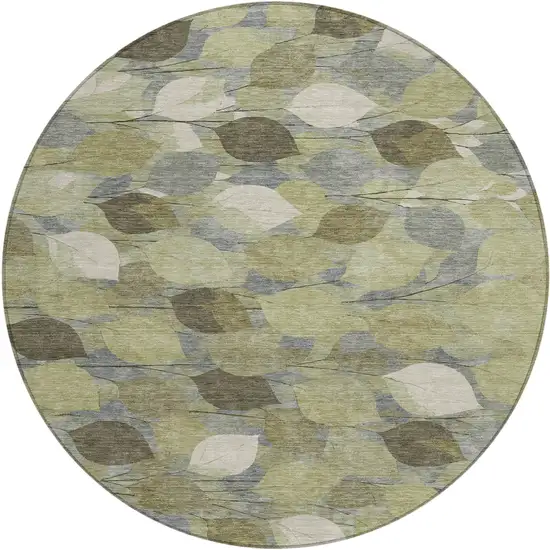 8' Fern Green And Green Round Floral Washable Indoor Outdoor Area Rug Photo 1