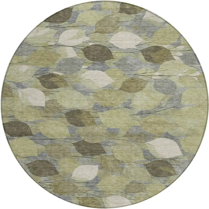 8' Fern Green And Green Round Floral Washable Indoor Outdoor Area Rug Photo 1