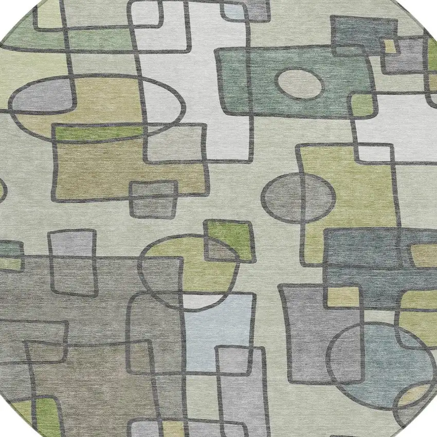 8' Fern Green And Green Round Geometric Washable Indoor Outdoor Area Rug Photo 2