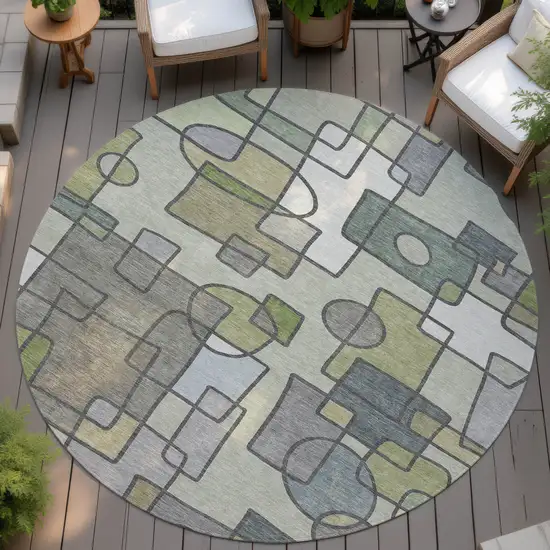 8' Fern Green And Green Round Geometric Washable Indoor Outdoor Area Rug Photo 4