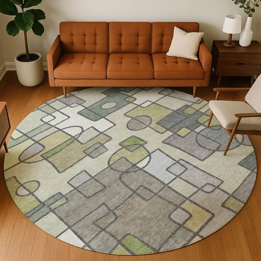 8' Fern Green And Green Round Geometric Washable Indoor Outdoor Area Rug Photo 5