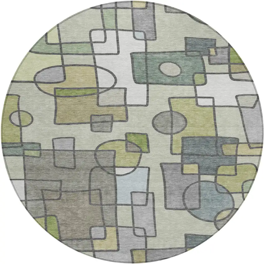 8' Fern Green And Green Round Geometric Washable Indoor Outdoor Area Rug Photo 1