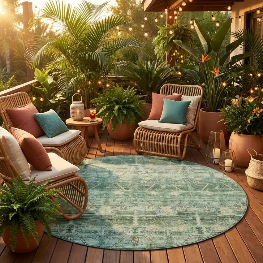 8' Fern Green And Green Round Tribal Washable Indoor Outdoor Area Rug Photo 1
