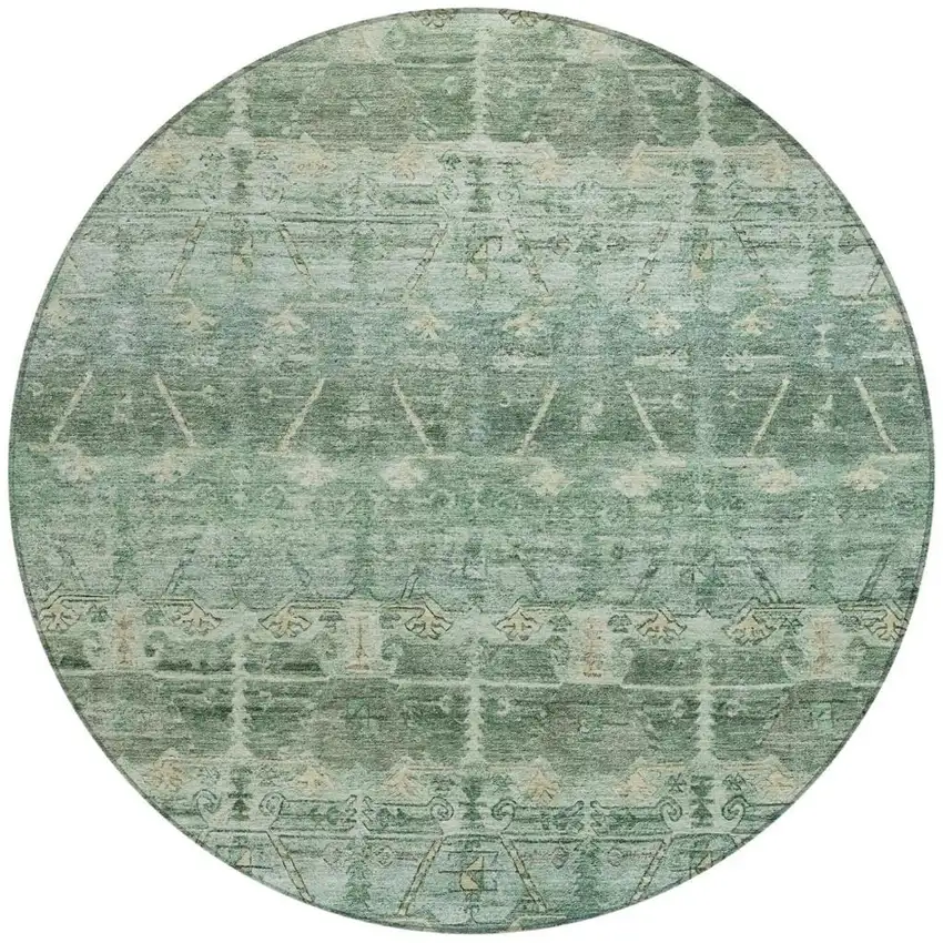 8' Fern Green And Green Round Tribal Washable Indoor Outdoor Area Rug Photo 2