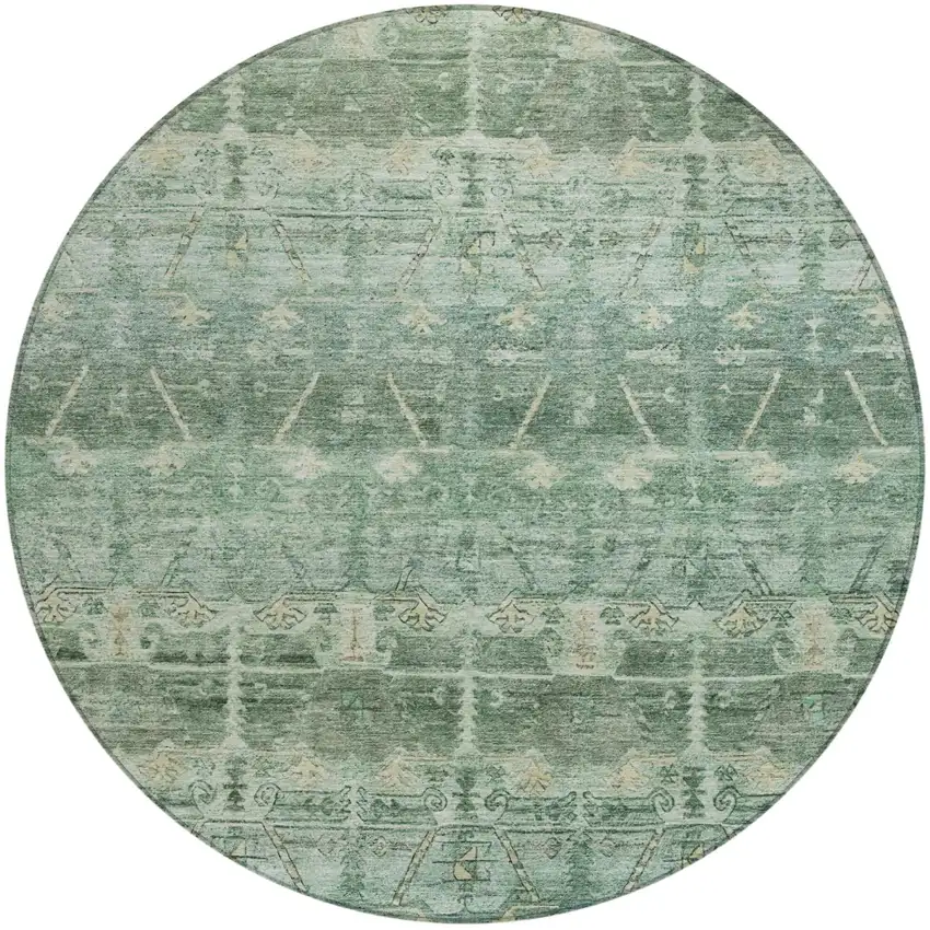 8' Fern Green And Green Round Tribal Washable Indoor Outdoor Area Rug Photo 3