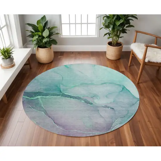 8' Fern Green And Ivory Abstract Washable Round Rug With UV Protection Photo 2