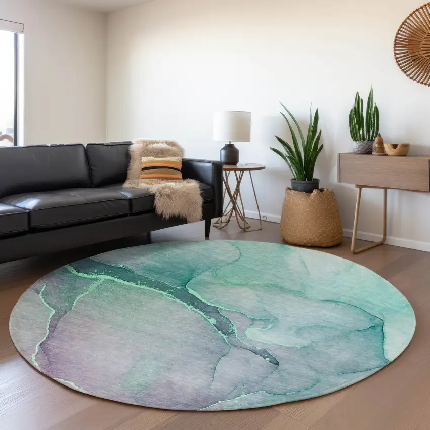 8' Fern Green And Ivory Abstract Washable Round Rug With UV Protection Photo 5