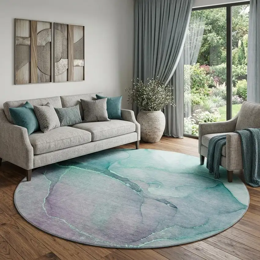 8' Fern Green And Ivory Abstract Washable Round Rug With UV Protection Photo 1
