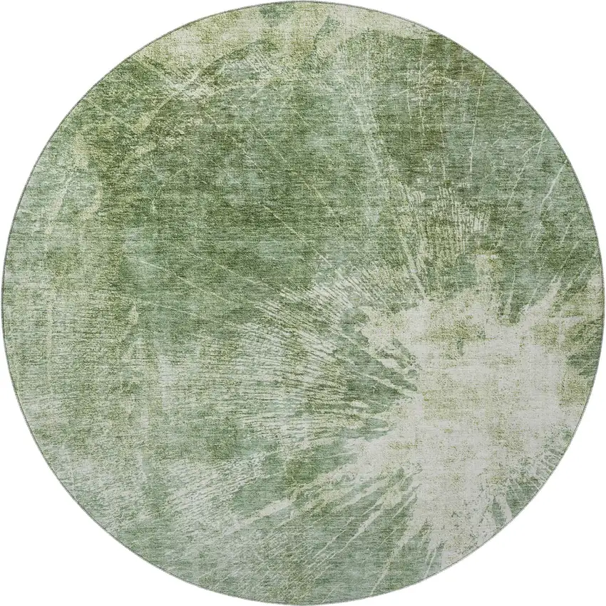 8' Fern Green And Ivory Abstract Washable Round Rug With UV Protection Photo 3