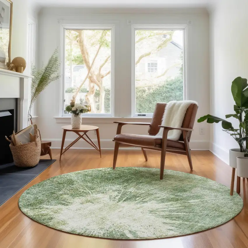 8' Fern Green And Ivory Abstract Washable Round Rug With UV Protection Photo 4