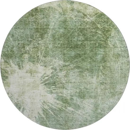 8' Fern Green And Ivory Abstract Washable Round Rug With UV Protection Photo 1