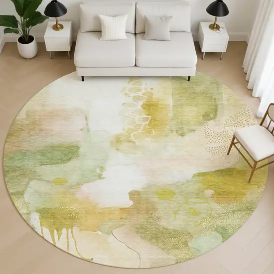 8' Fern Green And Ivory Abstract Washable Round Rug With UV Protection Photo 5