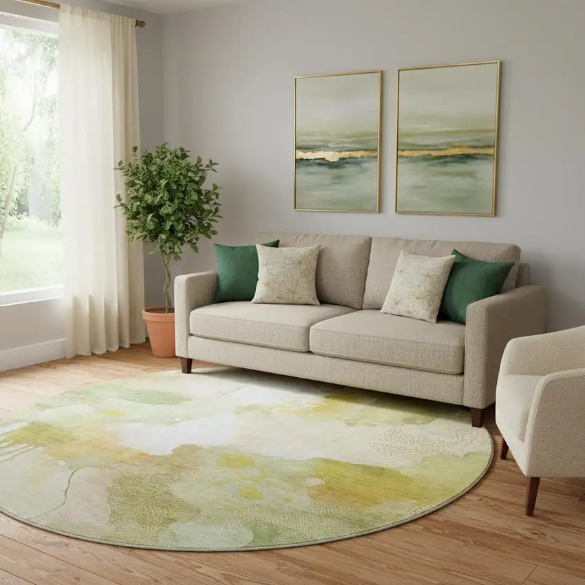 8' Fern Green And Ivory Abstract Washable Round Rug With UV Protection Photo 2