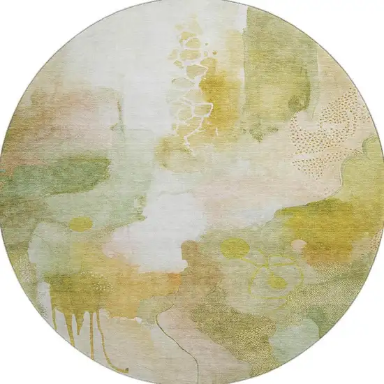 8' Fern Green And Ivory Abstract Washable Round Rug With UV Protection Photo 4