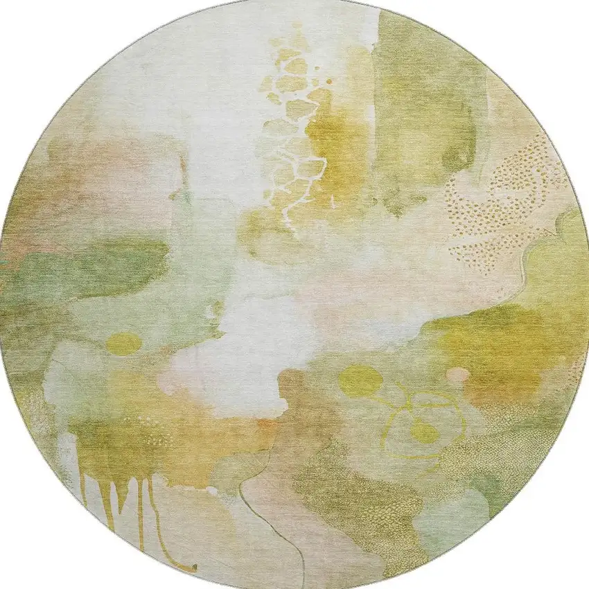 8' Fern Green And Ivory Abstract Washable Round Rug With UV Protection Photo 4