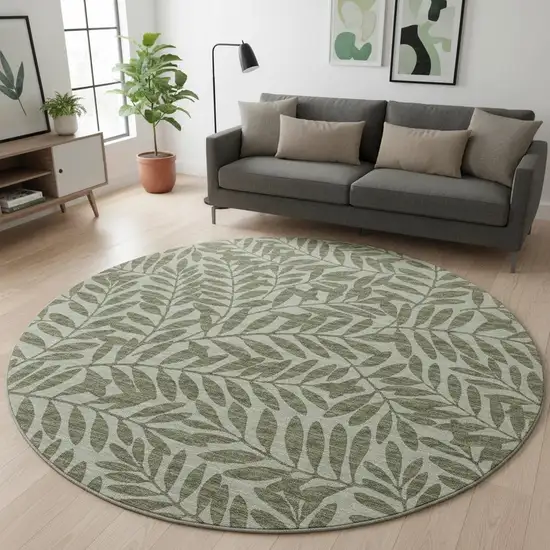 8' Fern Green And Ivory Botanical Leaves Washable Round Rug With UV Protection Photo 1