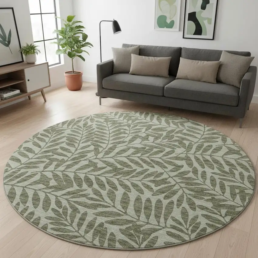 8' Fern Green And Ivory Botanical Leaves Washable Round Rug With UV Protection Photo 1