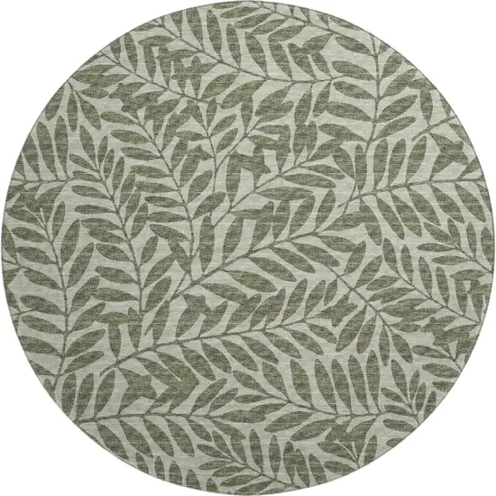 8' Fern Green And Ivory Botanical Leaves Washable Round Rug With UV Protection Photo 2