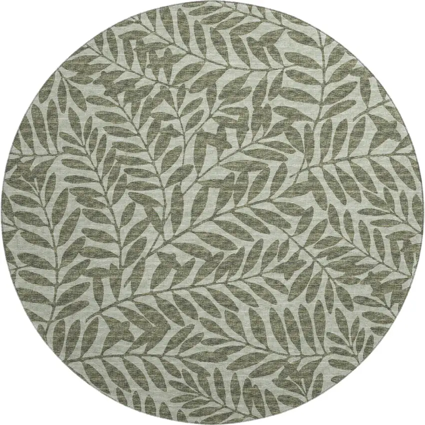 8' Fern Green And Ivory Botanical Leaves Washable Round Rug With UV Protection Photo 2