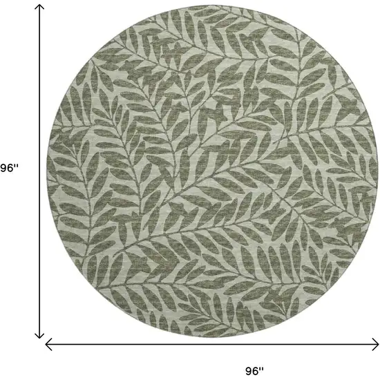 8' Fern Green And Ivory Botanical Leaves Washable Round Rug With UV Protection Photo 3